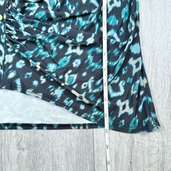 INC Women's NWT Petite Blue Geometric Print Ruched V Neck Long Sleeve Top L - Picture 6 of 7